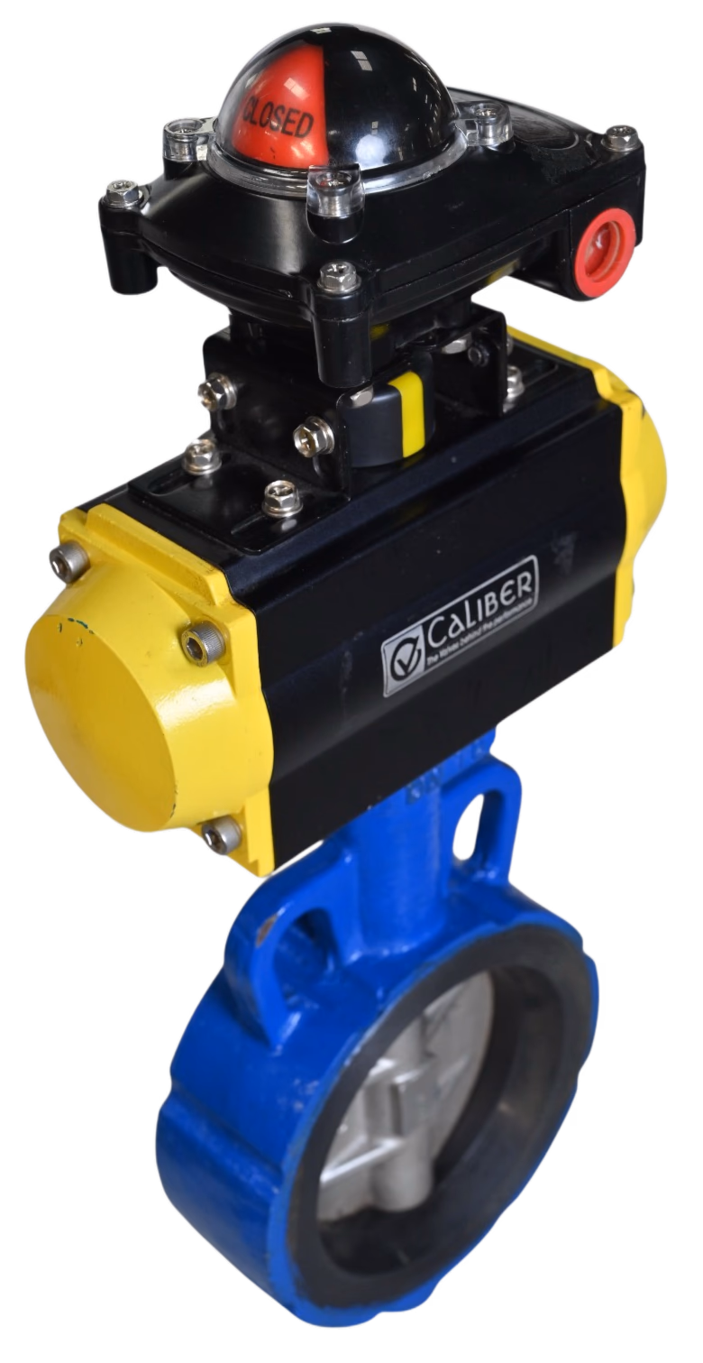 PNEUMATIC ACTUATED BUTTERFLY VALVE - Wafer / Double Flange / Lug Type - Variant 1 - Automation Valves by Caliber Valves | CI / SGI / WCB / CF8 / CF8M, Size: 40 to 600 DN